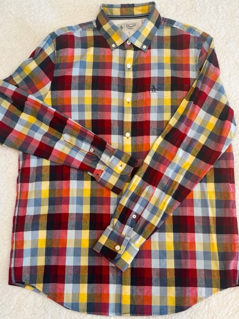 Original Penguin Mens Large Red Yellow Blue Plaid Button Down Shirt L